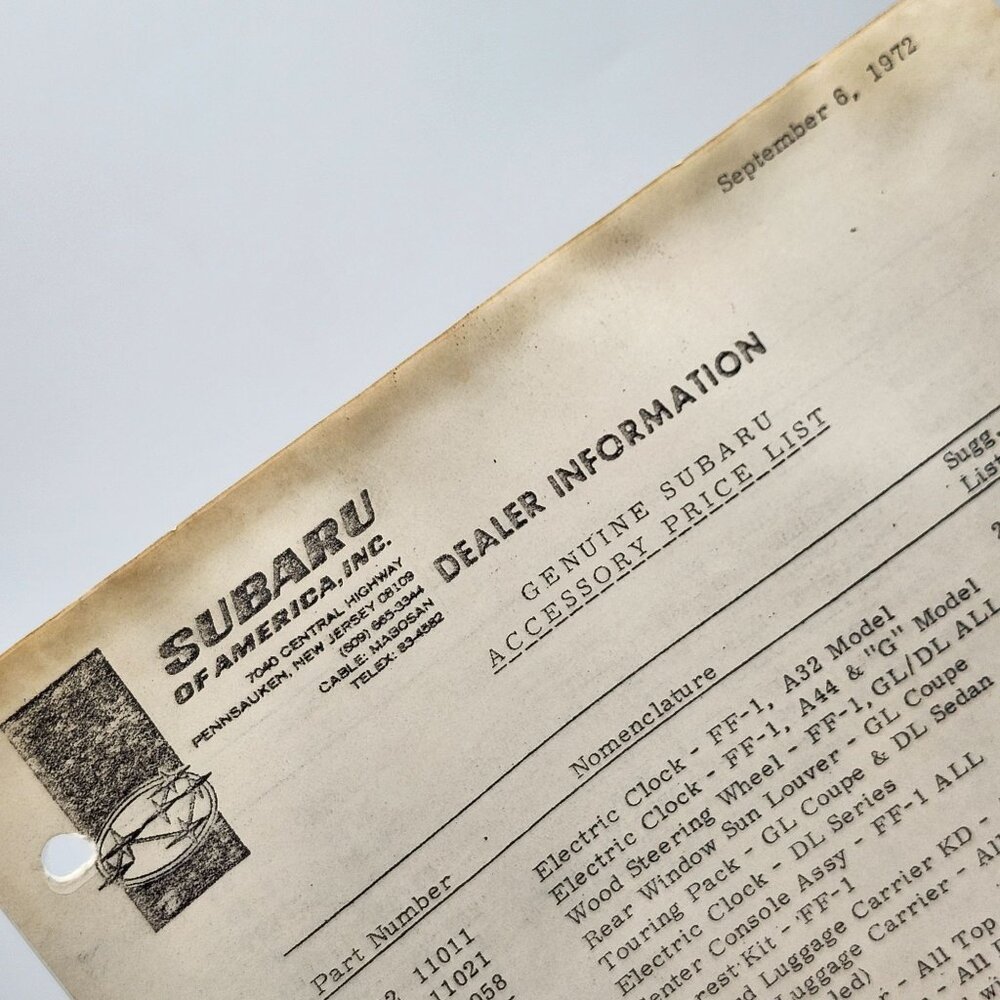 Subaru Of America Dealer Information Accessory Price List September 1972